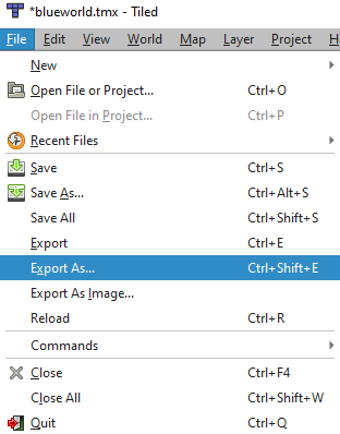 a user selecting the export option in Tiled